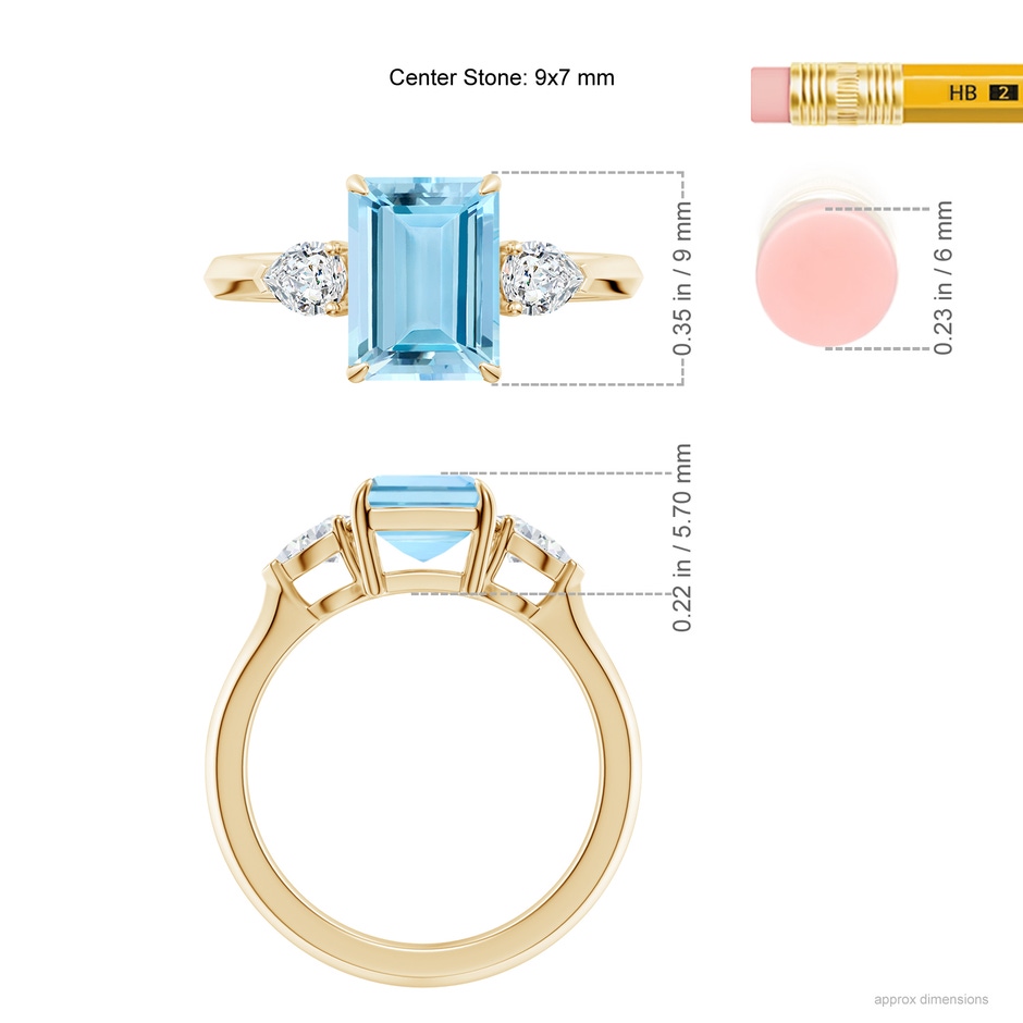 9x7mm AAAA Emerald-Cut Aquamarine and Pear Diamond Three Stone Engagement Ring in Yellow Gold ruler