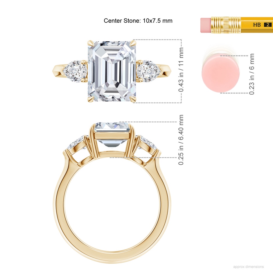 10x7.5mm HSI2 Emerald-Cut Diamond and Pear Diamond Three Stone Engagement Ring in Yellow Gold ruler