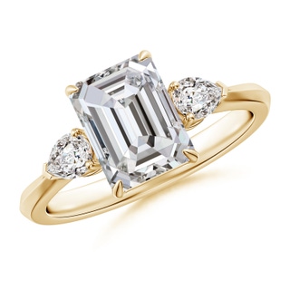 8.5x6.5mm IJI1I2 Emerald-Cut Diamond and Pear Diamond Three Stone Engagement Ring in Yellow Gold
