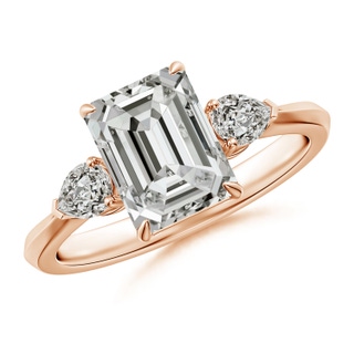 8.5x6.5mm KI3 Emerald-Cut Diamond and Pear Diamond Three Stone Engagement Ring in Rose Gold