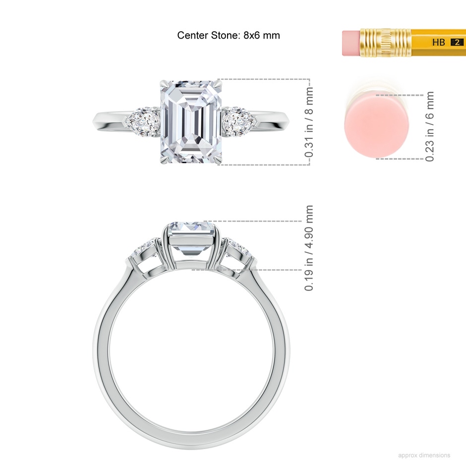 8x6mm HSI2 Emerald-Cut Diamond and Pear Diamond Three Stone Engagement Ring in P950 Platinum ruler