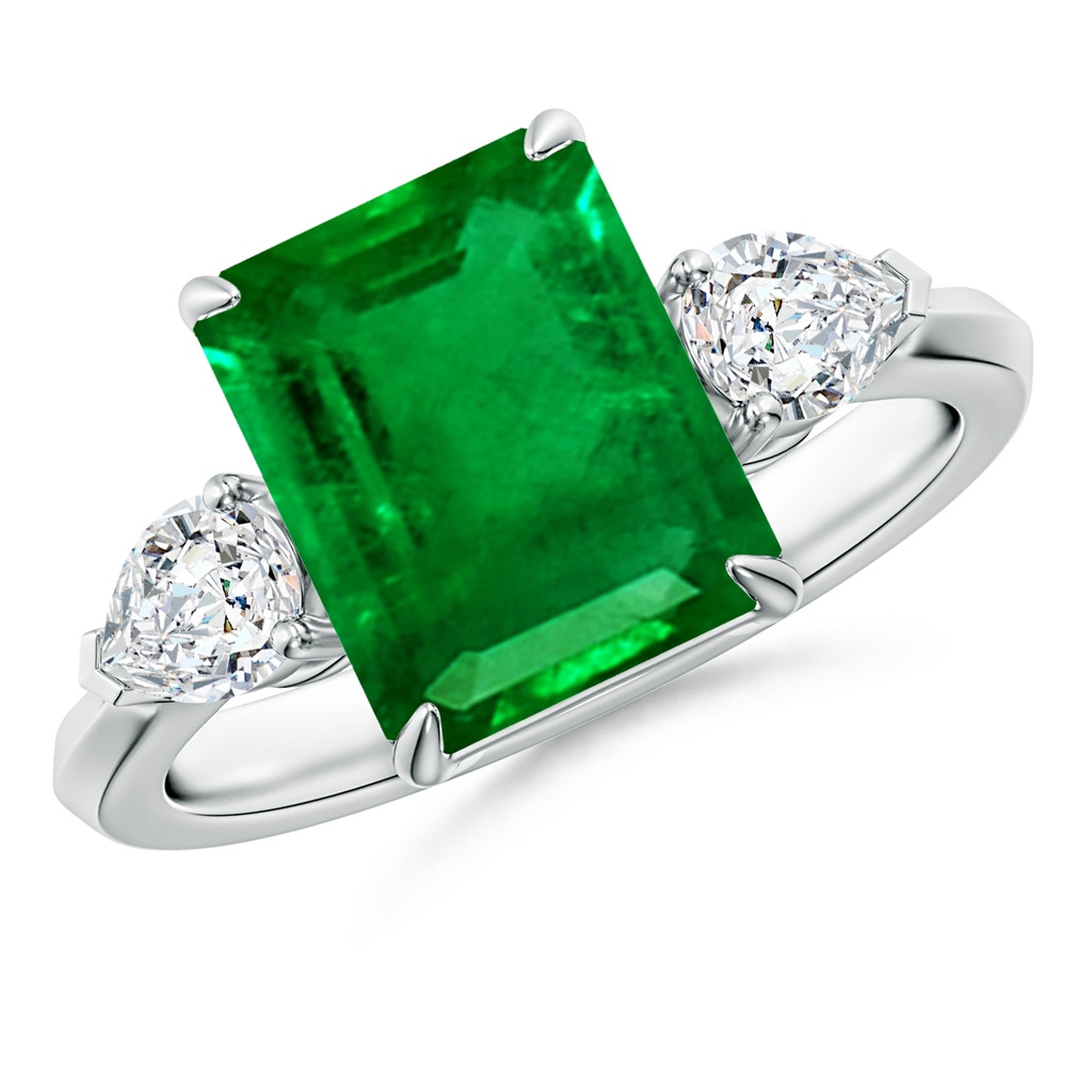 10x8mm AAAA Emerald-Cut Emerald and Pear Diamond Three Stone Engagement Ring in P950 Platinum