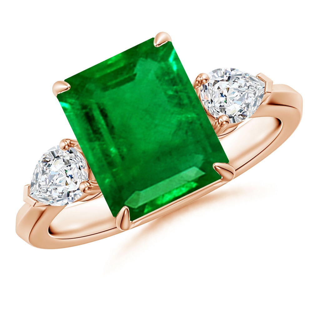 10x8mm AAAA Emerald-Cut Emerald and Pear Diamond Three Stone Engagement Ring in Rose Gold