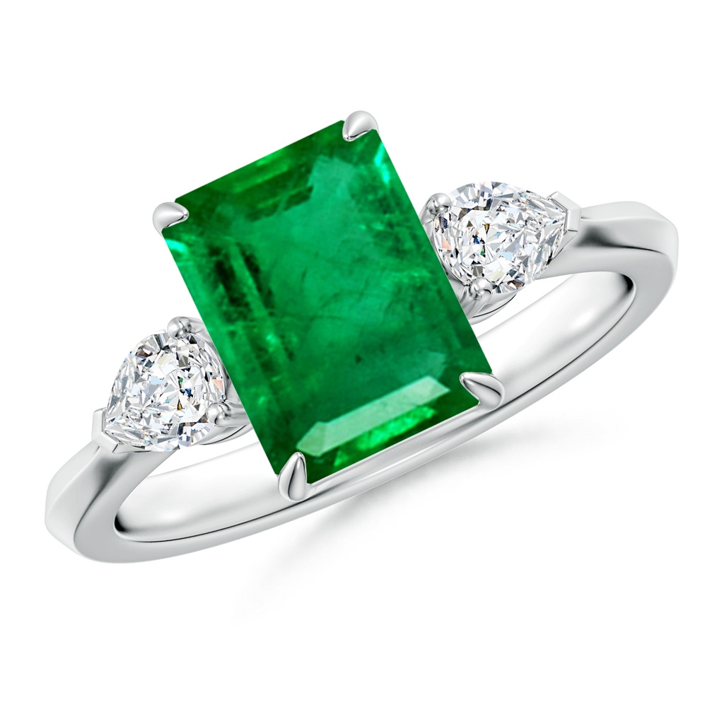 9x7mm AAA Emerald-Cut Emerald and Pear Diamond Three Stone Engagement Ring in White Gold