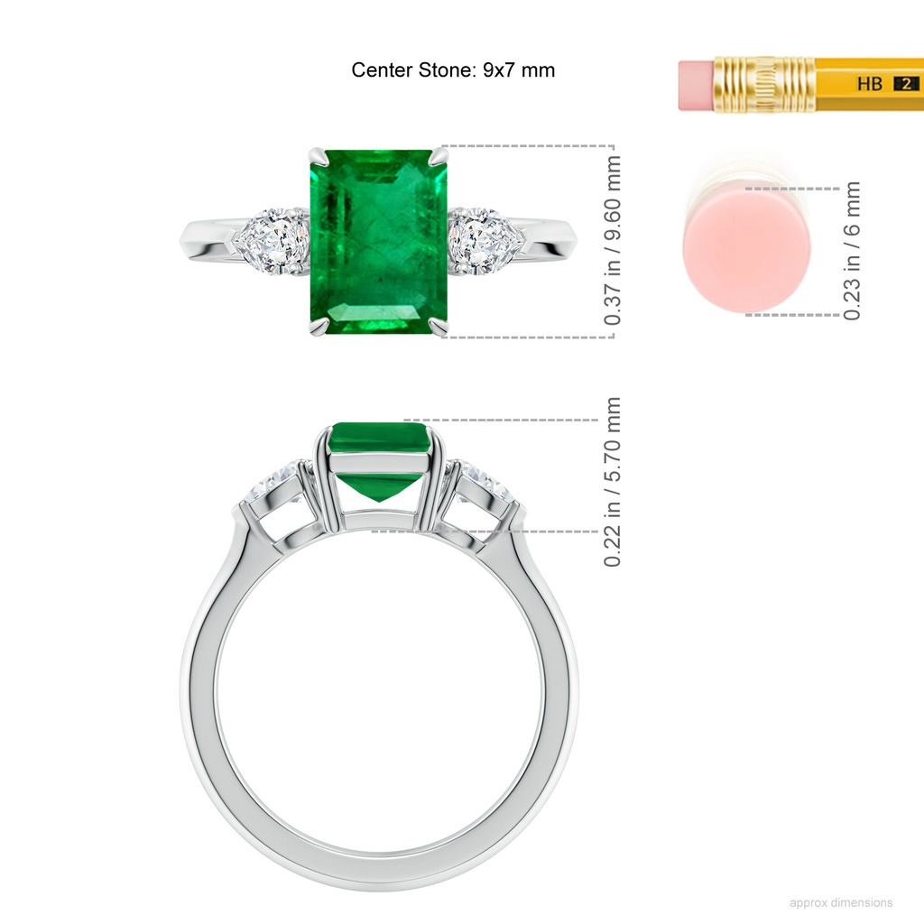 9x7mm AAA Emerald-Cut Emerald and Pear Diamond Three Stone Engagement Ring in White Gold ruler