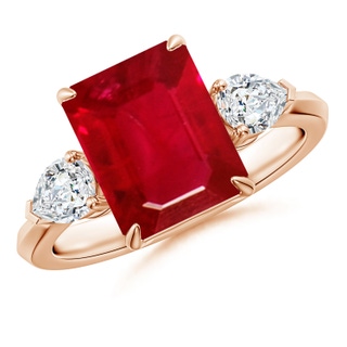 10x8mm AAA Emerald-Cut Ruby and Pear Diamond Three Stone Engagement Ring in Rose Gold