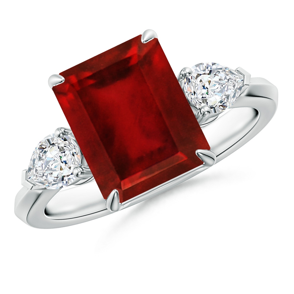 10x8mm AAAA Emerald-Cut Ruby and Pear Diamond Three Stone Engagement Ring in P950 Platinum