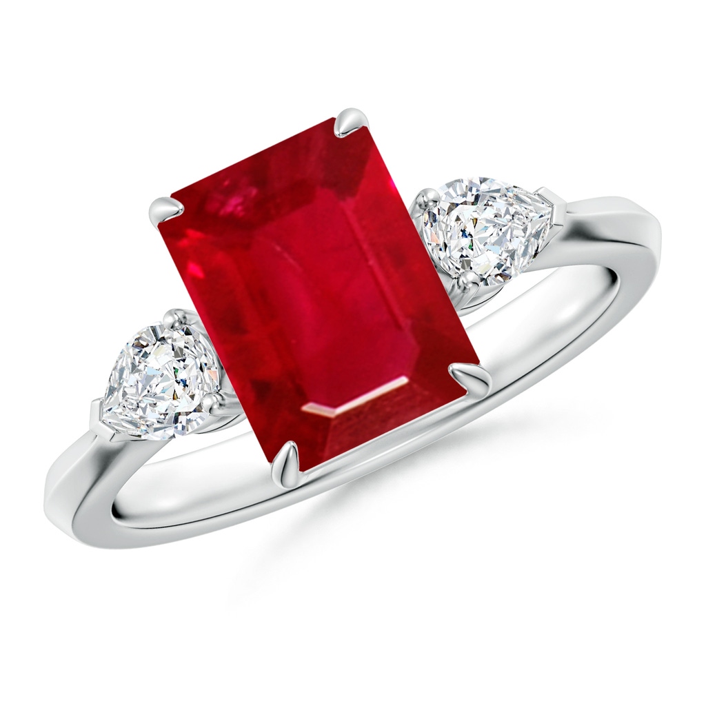 9x7mm AAA Emerald-Cut Ruby and Pear Diamond Three Stone Engagement Ring in White Gold