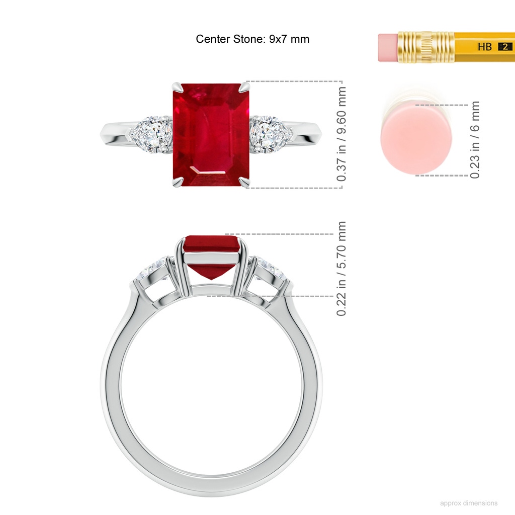 9x7mm AAA Emerald-Cut Ruby and Pear Diamond Three Stone Engagement Ring in White Gold ruler