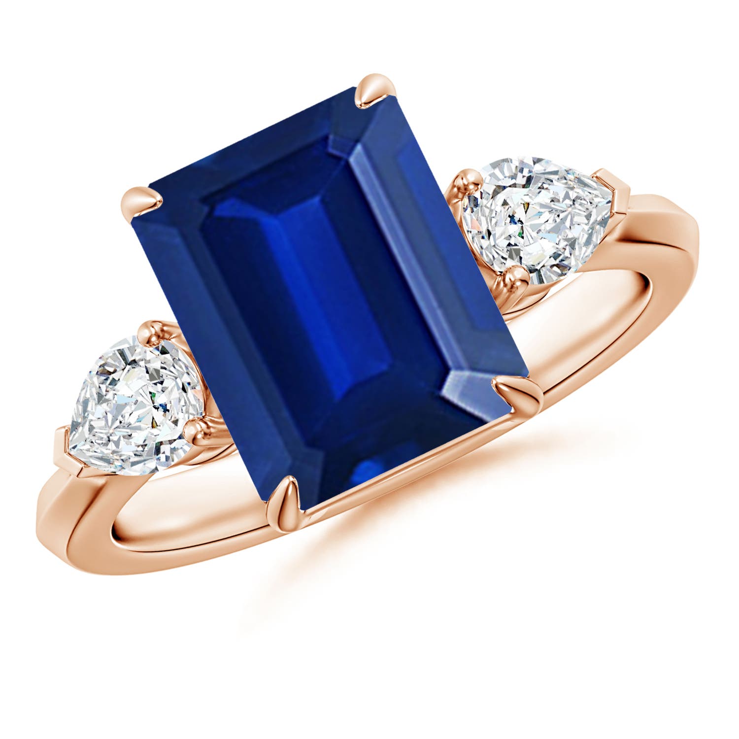 10x8mm AAAA Emerald-Cut Blue Sapphire and Pear Diamond Three Stone Engagement Ring in 18CT Rose Gold