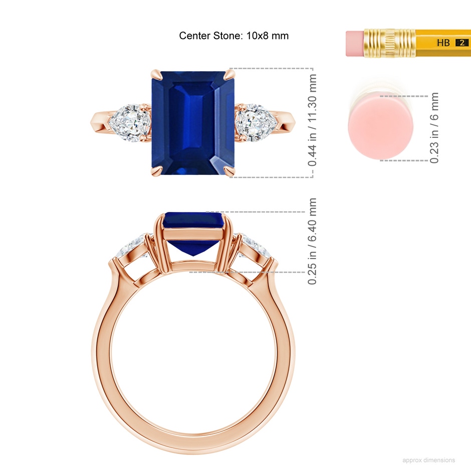 10x8mm Lab-Grown Emerald-Cut Blue Sapphire and Pear Diamond Three Stone Engagement Ring in 18K Rose Gold ruler