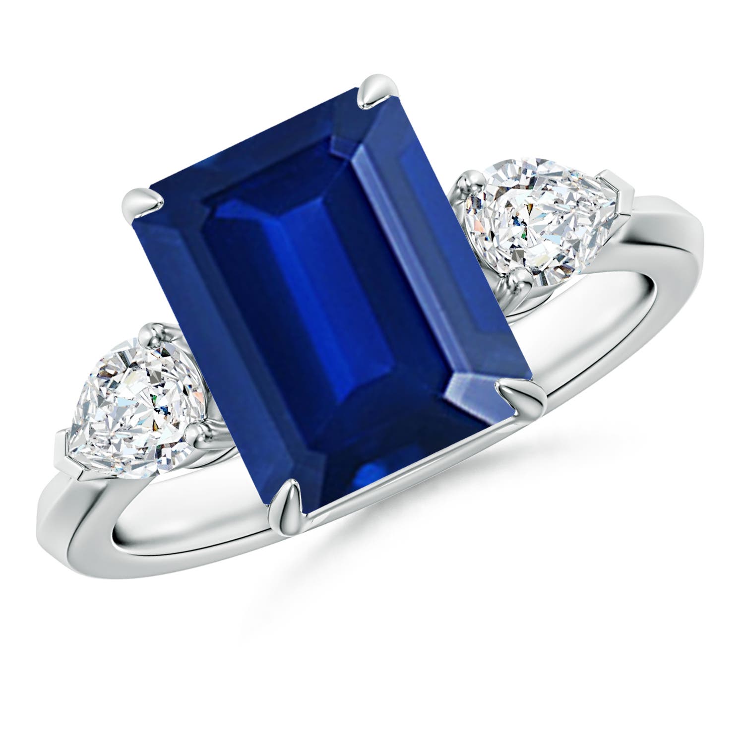 10x8mm AAAA Emerald-Cut Blue Sapphire and Pear Diamond Three Stone Engagement Ring in 18K White Gold