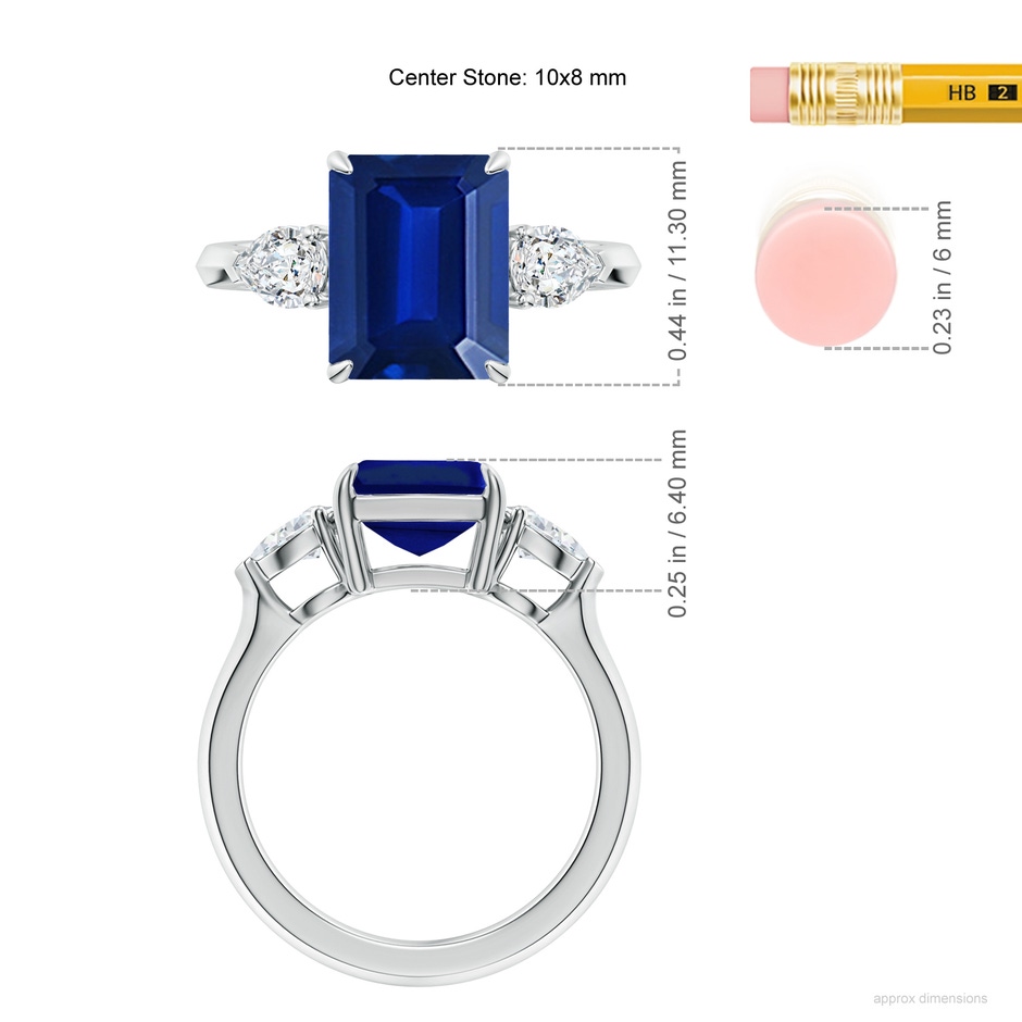 10x8mm Lab-Grown Emerald-Cut Blue Sapphire and Pear Diamond Three Stone Engagement Ring in 18K White Gold ruler