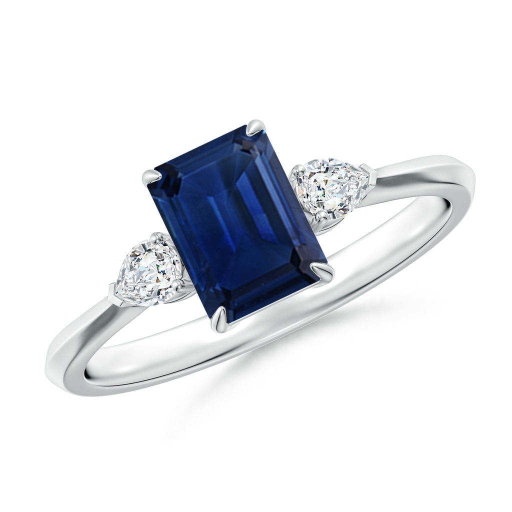 7x5mm AAA Emerald-Cut Blue Sapphire and Pear Diamond Three Stone Engagement Ring in White Gold