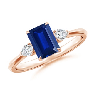 7x5mm Lab-Grown Emerald-Cut Blue Sapphire and Pear Diamond Three Stone Engagement Ring in 9K Rose Gold