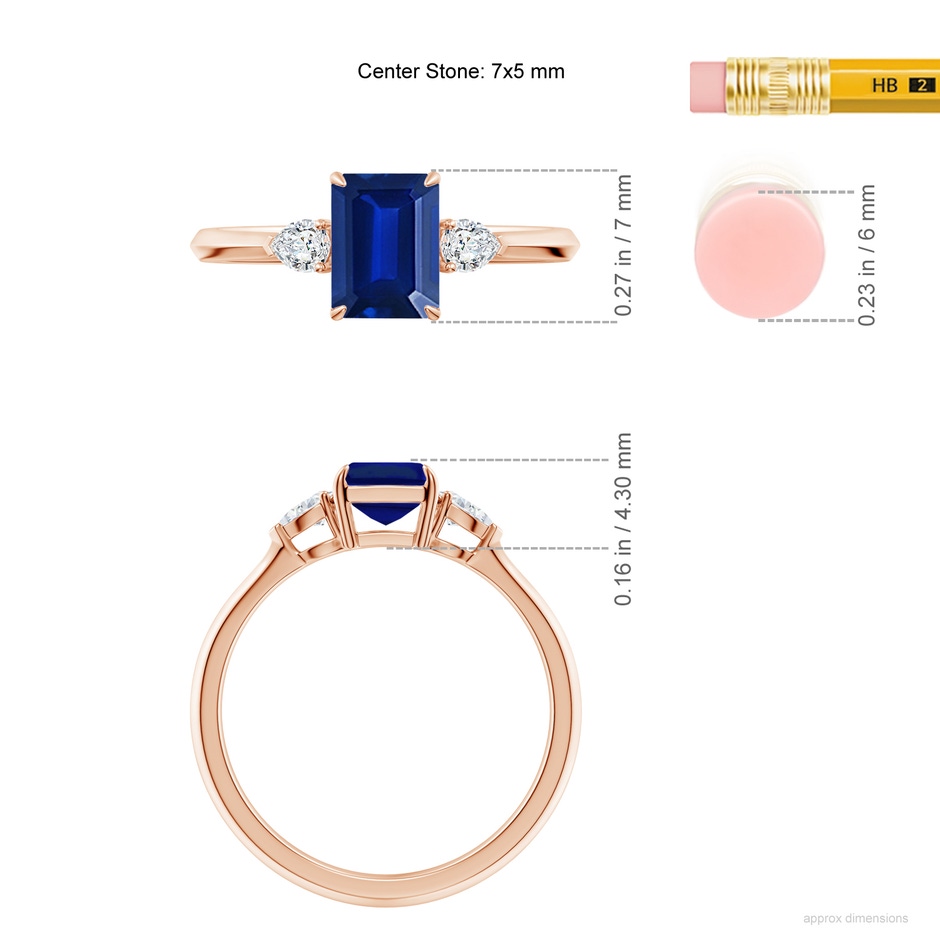 7x5mm Lab-Grown Emerald-Cut Blue Sapphire and Pear Diamond Three Stone Engagement Ring in 9K Rose Gold ruler