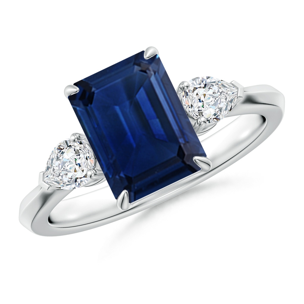 9x7mm AAA Emerald-Cut Blue Sapphire and Pear Diamond Three Stone Engagement Ring in White Gold