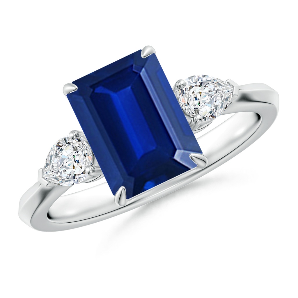 9x7mm Lab-Grown Emerald-Cut Blue Sapphire and Pear Diamond Three Stone Engagement Ring in 18K White Gold