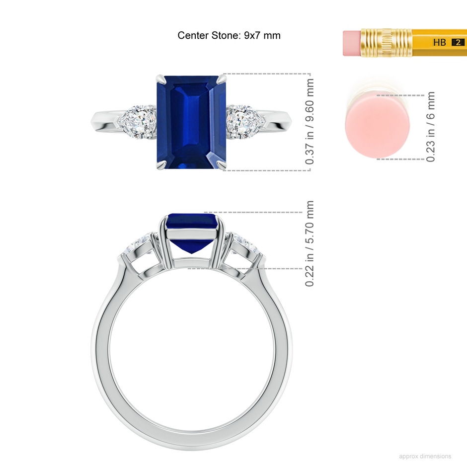 9x7mm Lab-Grown Emerald-Cut Blue Sapphire and Pear Diamond Three Stone Engagement Ring in 18K White Gold ruler