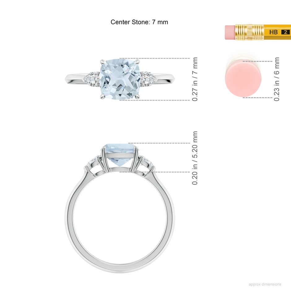 7mm A Cushion Aquamarine and Pear Diamond Three Stone Engagement Ring in P950 Platinum ruler