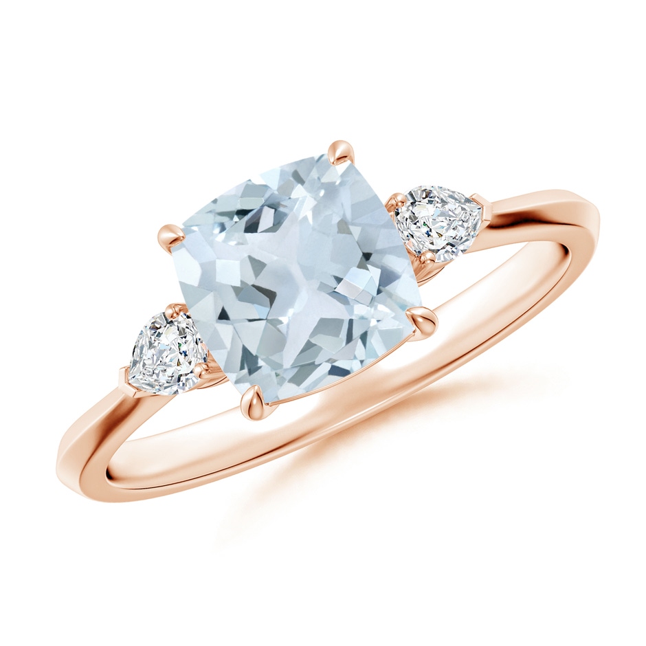 7mm A Cushion Aquamarine and Pear Diamond Three Stone Engagement Ring in Rose Gold 