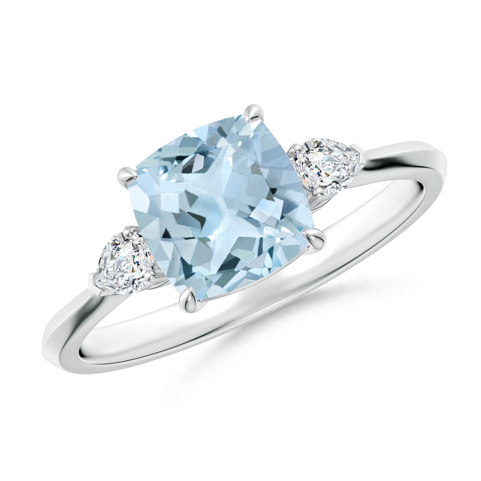 7mm AA Cushion Aquamarine and Pear Diamond Three Stone Engagement Ring in 10K White Gold 