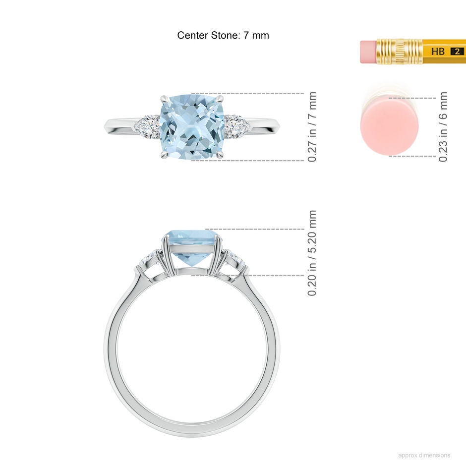 7mm AA Cushion Aquamarine and Pear Diamond Three Stone Engagement Ring in 10K White Gold ruler