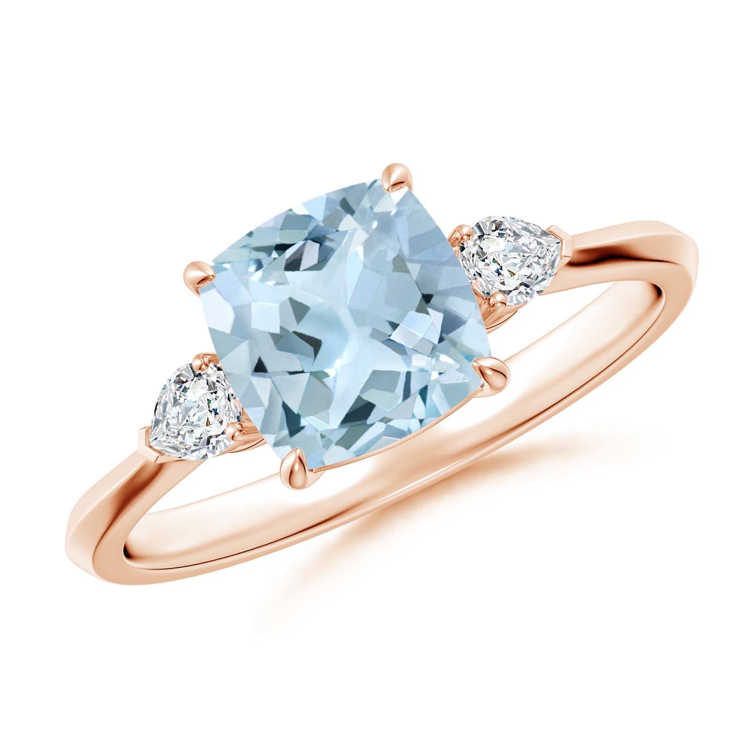 7mm AA Cushion Aquamarine and Pear Diamond Three Stone Engagement Ring in Rose Gold