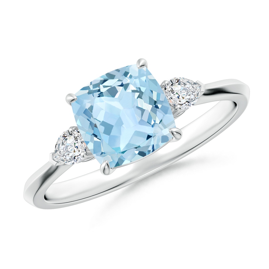 7mm AAA Cushion Aquamarine and Pear Diamond Three Stone Engagement Ring in White Gold 
