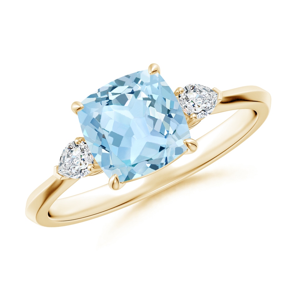 7mm AAA Cushion Aquamarine and Pear Diamond Three Stone Engagement Ring in Yellow Gold 