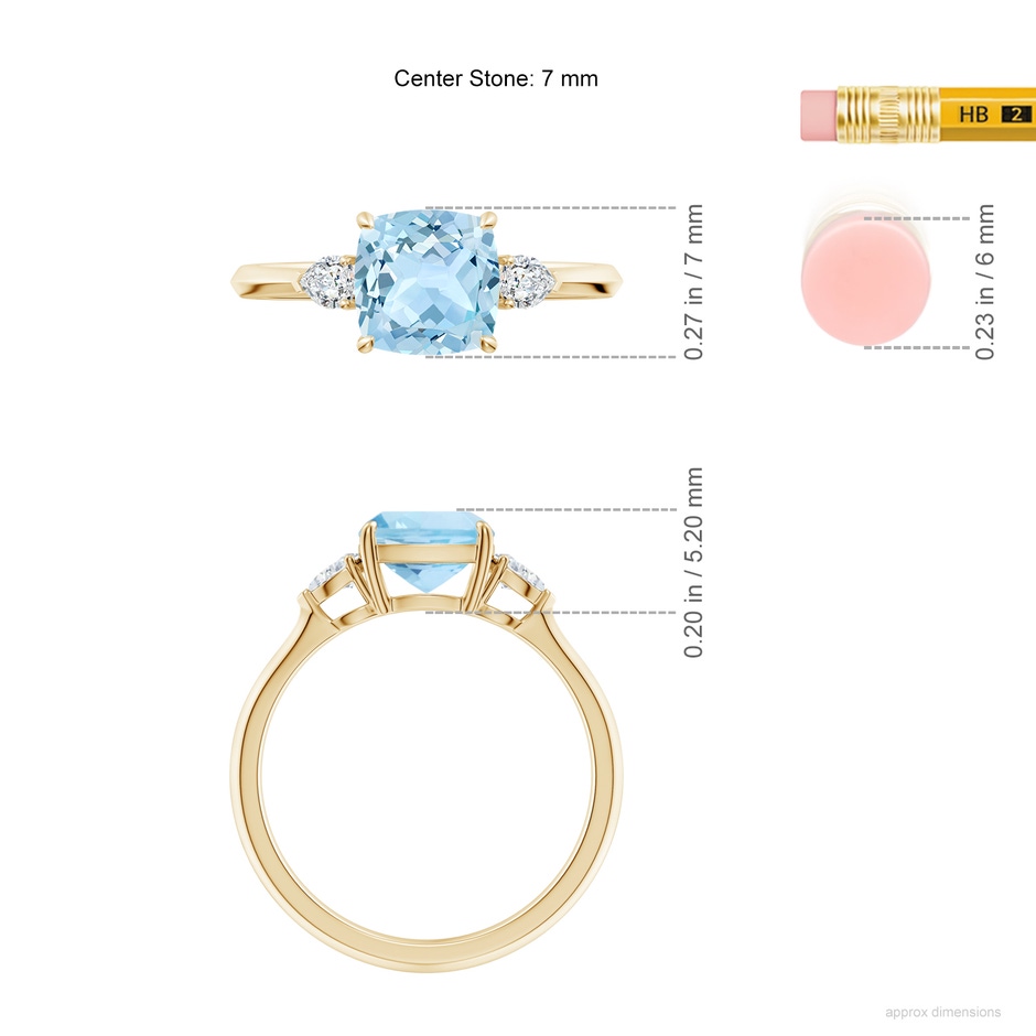 7mm AAA Cushion Aquamarine and Pear Diamond Three Stone Engagement Ring in Yellow Gold ruler