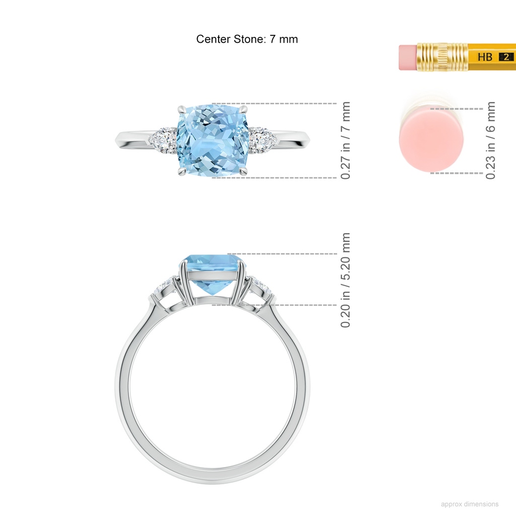 7mm AAAA Cushion Aquamarine and Pear Diamond Three Stone Engagement Ring in S999 Silver ruler