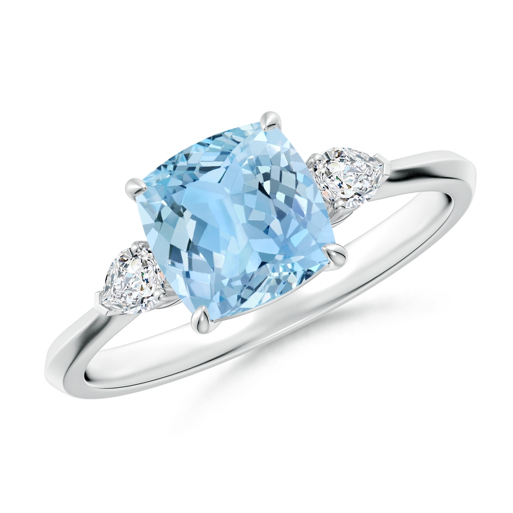 7mm AAAA Cushion Aquamarine and Pear Diamond Three Stone Engagement Ring in White Gold