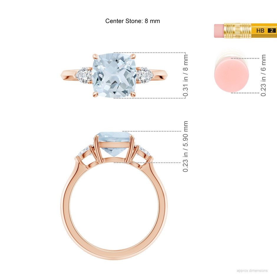 8mm A Cushion Aquamarine and Pear Diamond Three Stone Engagement Ring in Rose Gold ruler