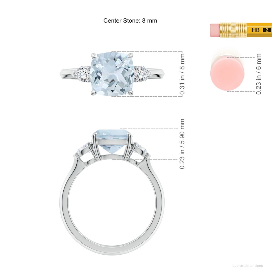 8mm A Cushion Aquamarine and Pear Diamond Three Stone Engagement Ring in S999 Silver ruler
