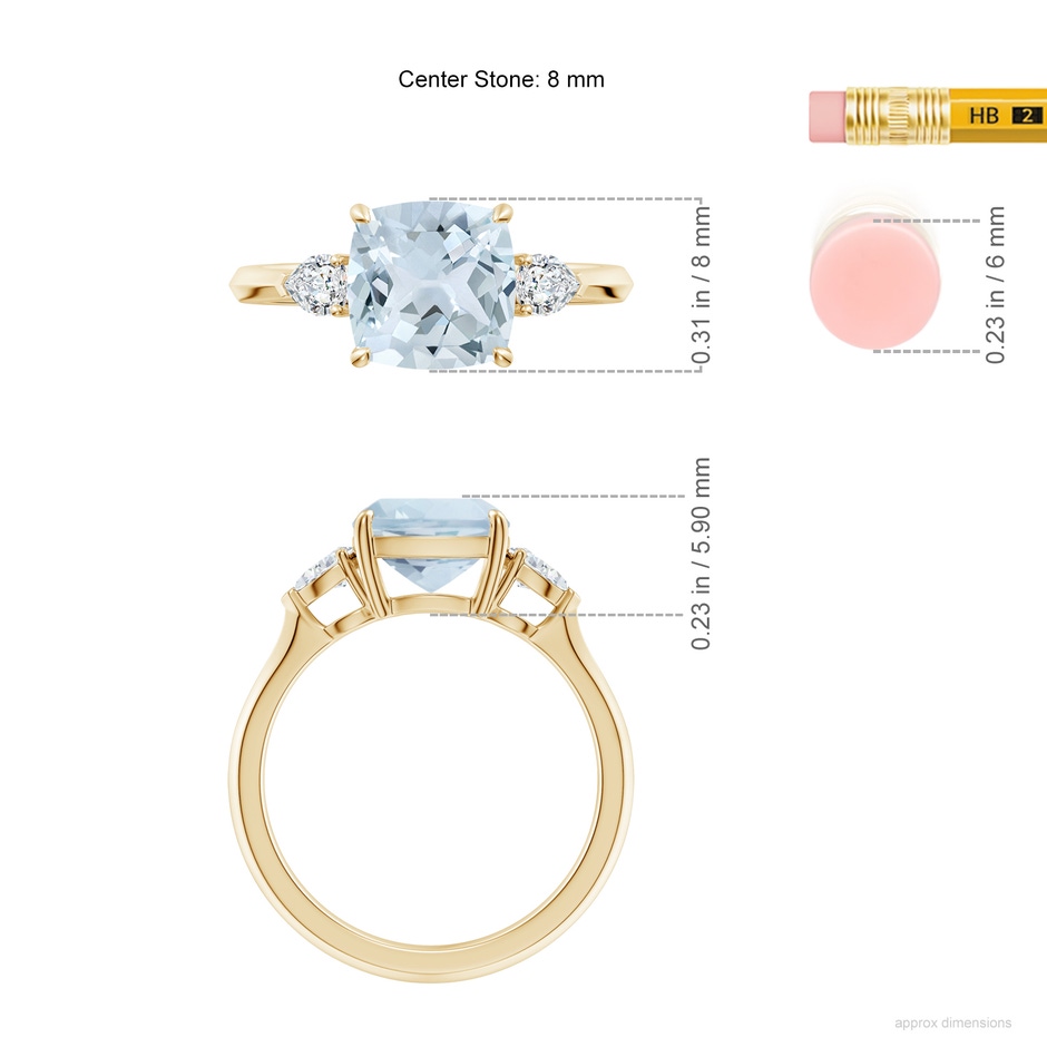 8mm A Cushion Aquamarine and Pear Diamond Three Stone Engagement Ring in Yellow Gold ruler