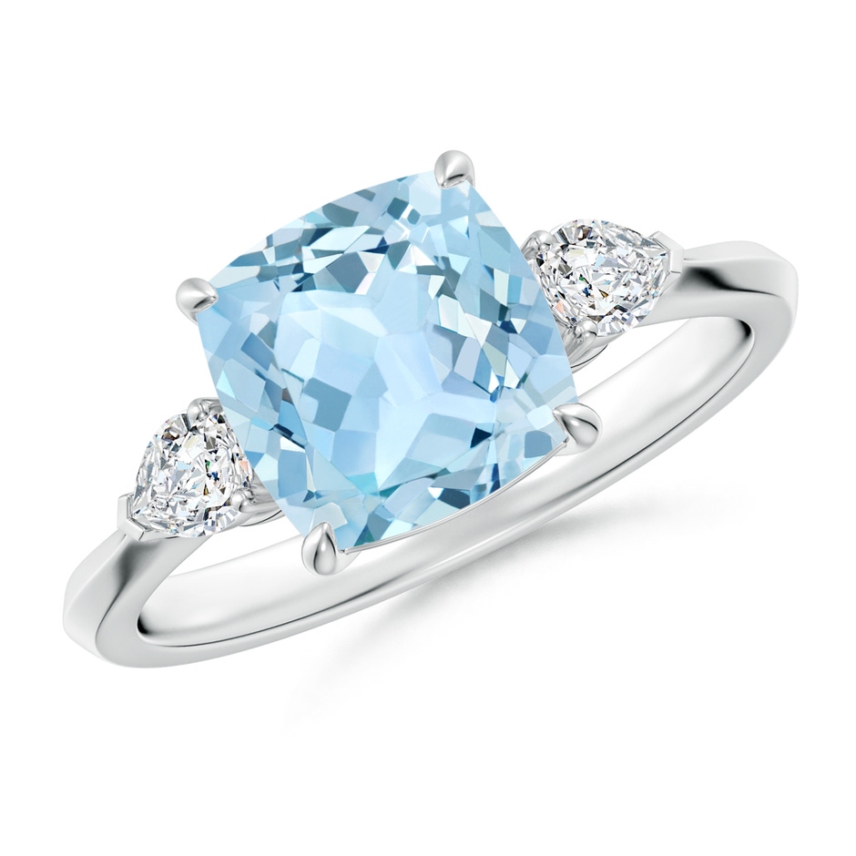 8mm AAA Cushion Aquamarine and Pear Diamond Three Stone Engagement Ring in P950 Platinum 
