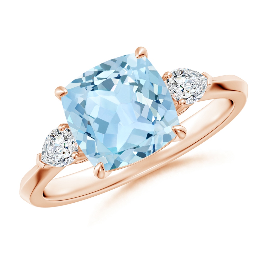 8mm AAA Cushion Aquamarine and Pear Diamond Three Stone Engagement Ring in Rose Gold