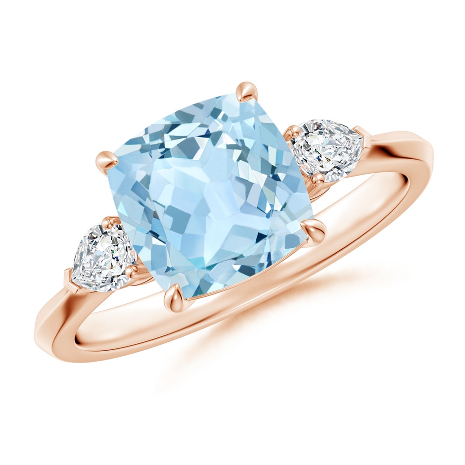 8mm AAA Cushion Aquamarine and Pear Diamond Three Stone Engagement Ring in Rose Gold 