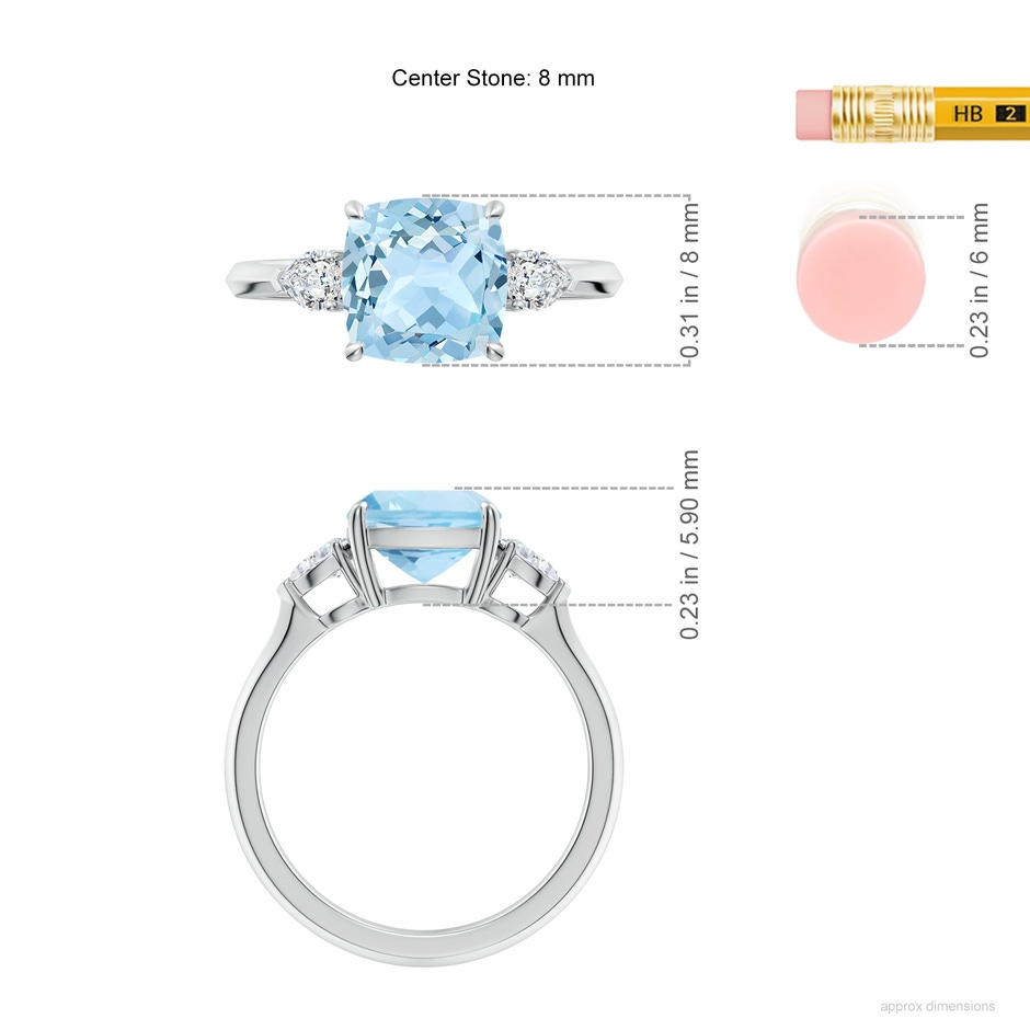 8mm AAA Cushion Aquamarine and Pear Diamond Three Stone Engagement Ring in White Gold ruler