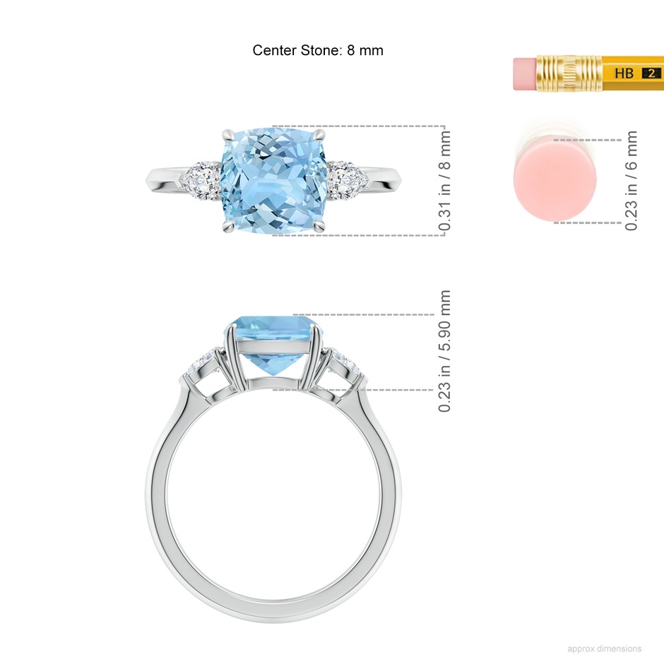8mm AAAA Cushion Aquamarine and Pear Diamond Three Stone Engagement Ring in S999 Silver ruler