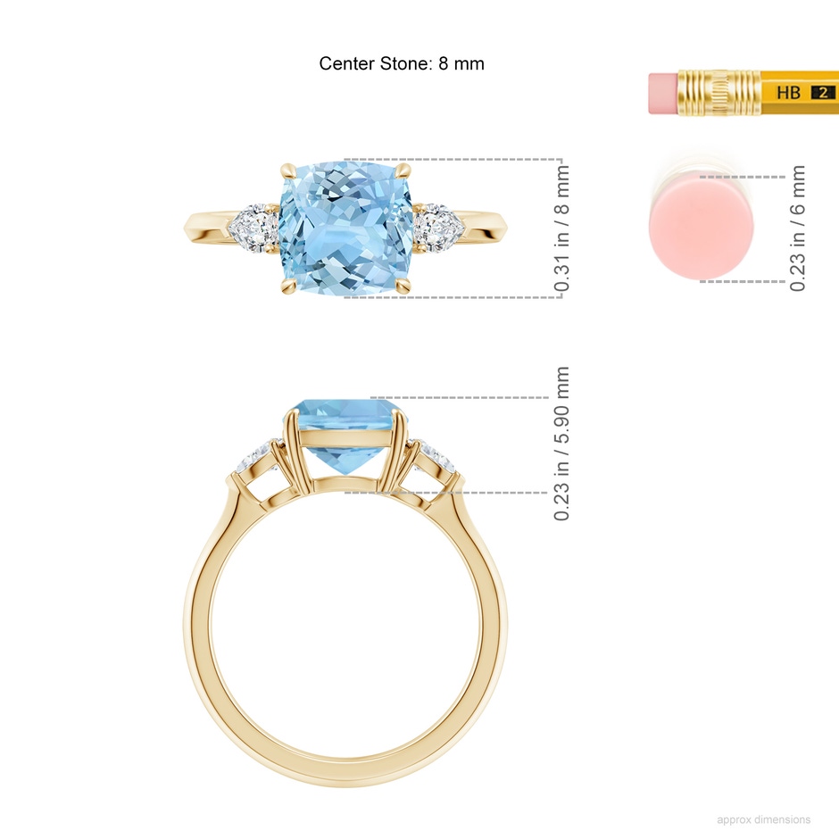 8mm AAAA Cushion Aquamarine and Pear Diamond Three Stone Engagement Ring in Yellow Gold ruler