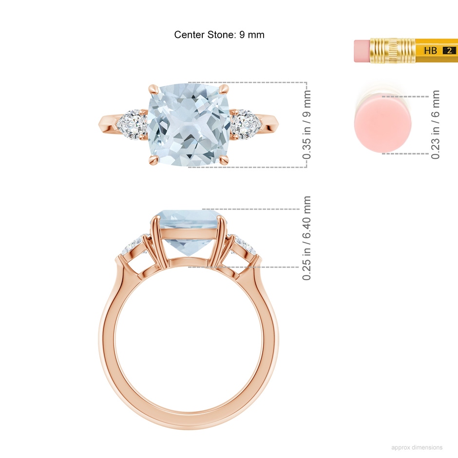 9mm A Cushion Aquamarine and Pear Diamond Three Stone Engagement Ring in Rose Gold ruler