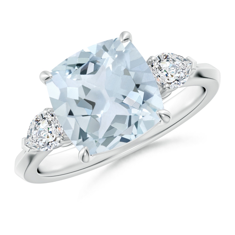 9mm A Cushion Aquamarine and Pear Diamond Three Stone Engagement Ring in White Gold 