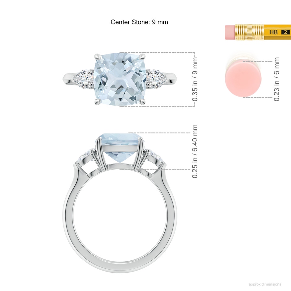 9mm A Cushion Aquamarine and Pear Diamond Three Stone Engagement Ring in White Gold ruler