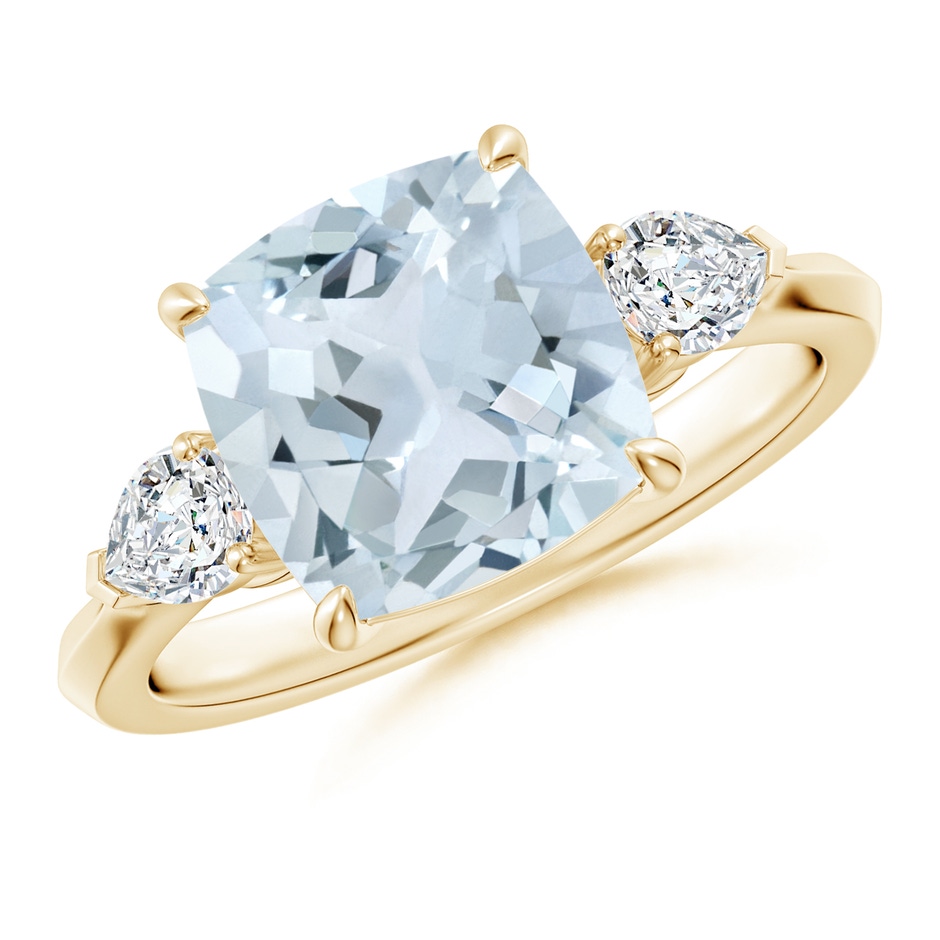 9mm A Cushion Aquamarine and Pear Diamond Three Stone Engagement Ring in Yellow Gold 