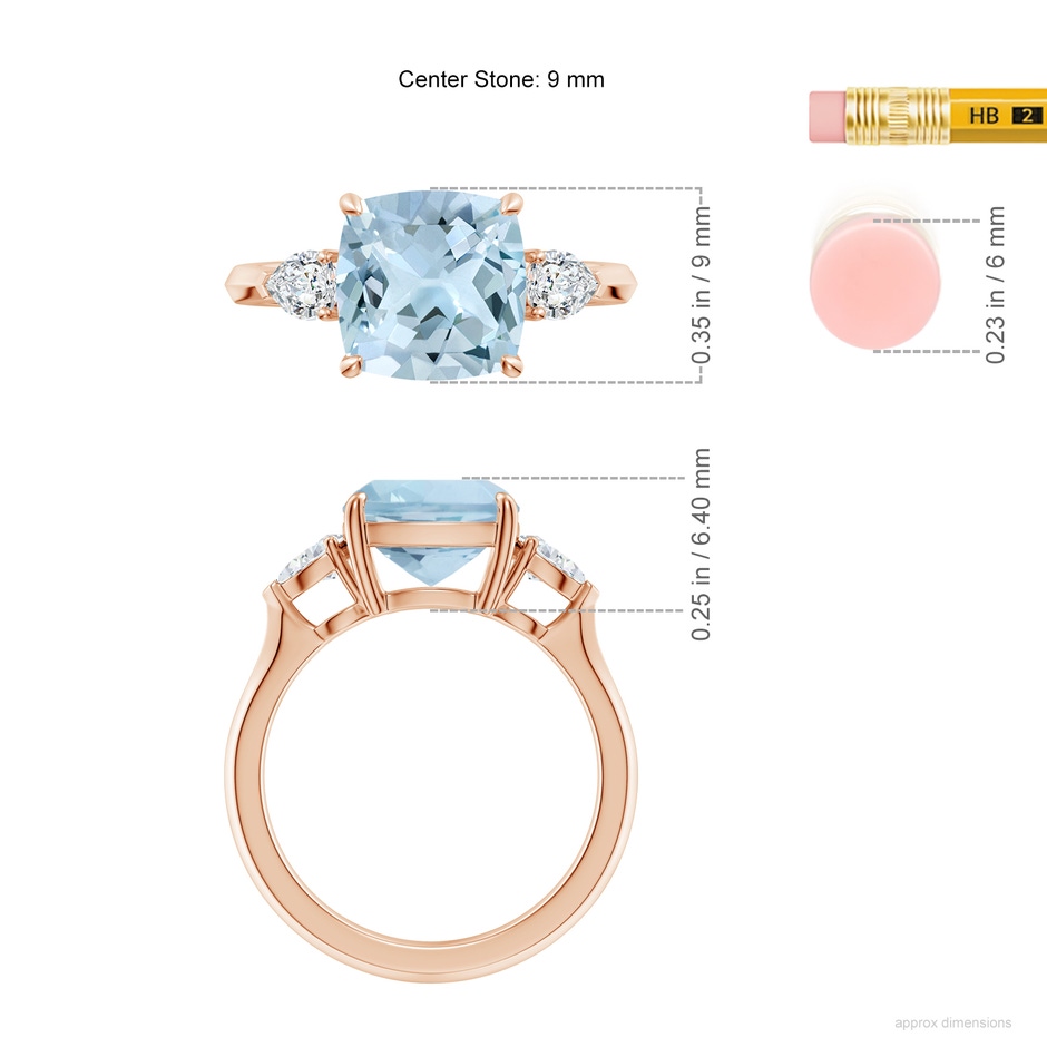 9mm AA Cushion Aquamarine and Pear Diamond Three Stone Engagement Ring in Rose Gold ruler