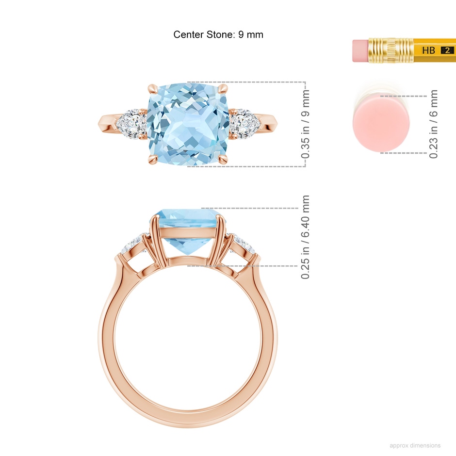9mm AAA Cushion Aquamarine and Pear Diamond Three Stone Engagement Ring in Rose Gold ruler