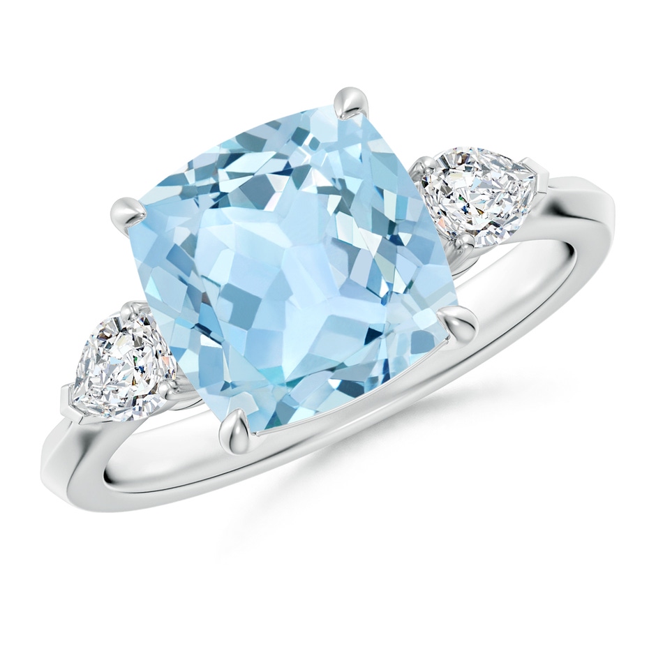 9mm AAA Cushion Aquamarine and Pear Diamond Three Stone Engagement Ring in White Gold 