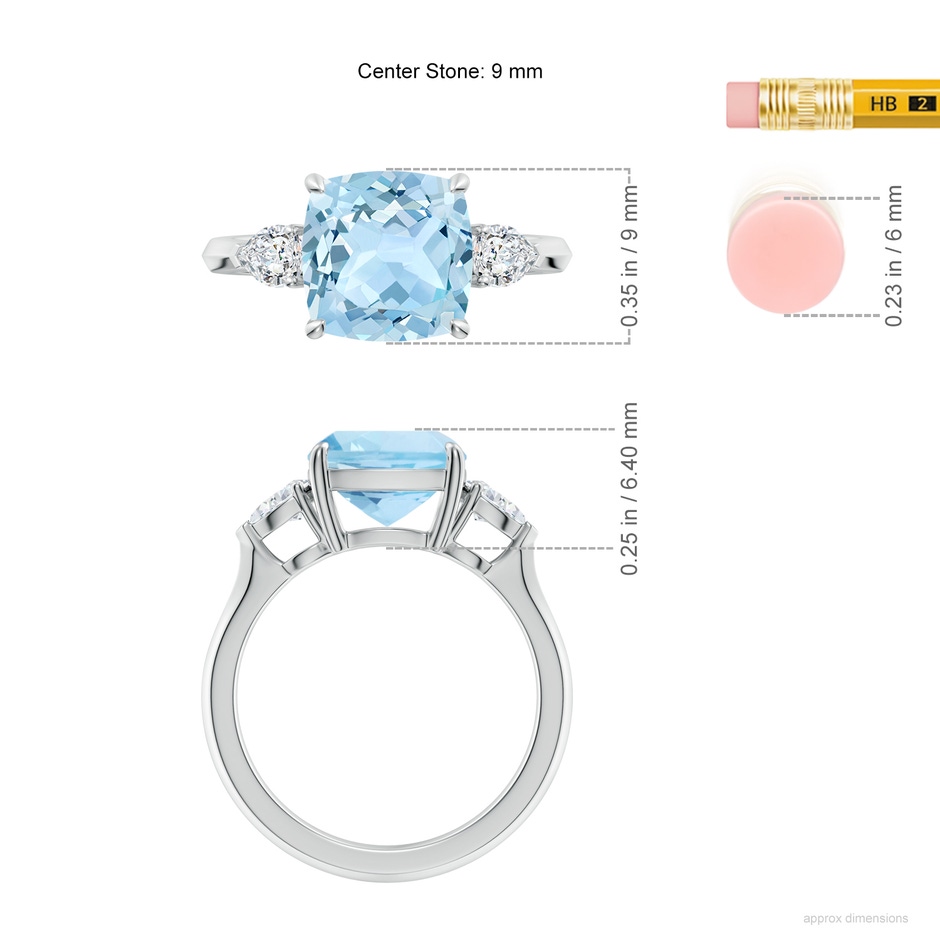 9mm AAA Cushion Aquamarine and Pear Diamond Three Stone Engagement Ring in White Gold ruler